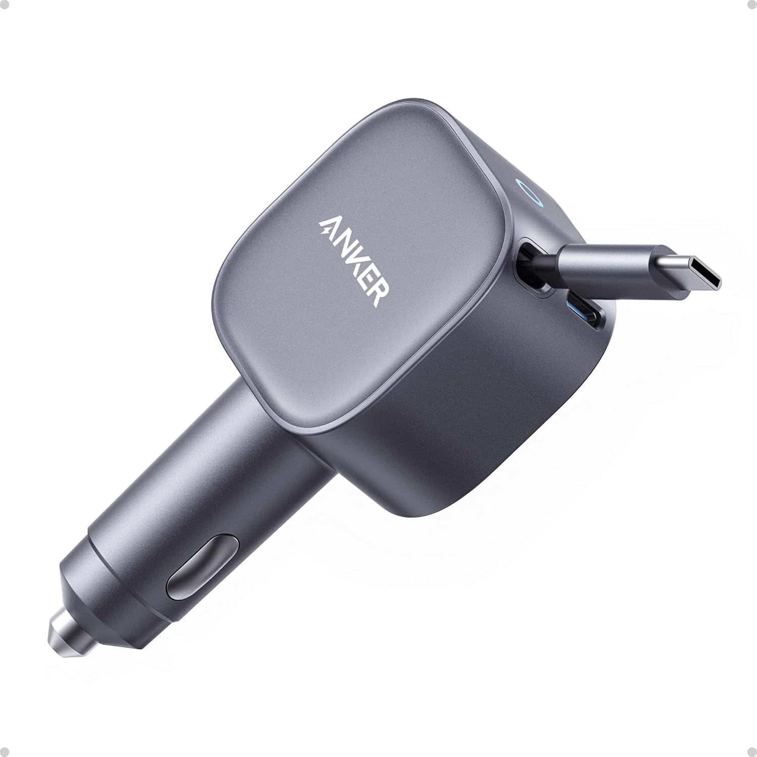 THOMSON Go Charger Caricatore Rapido 22.5W – Con Cavo Retrattile USB-C 90cm (6 Lunghezze) E Porta USB-A – Bianco, Compatto Da Viaggio