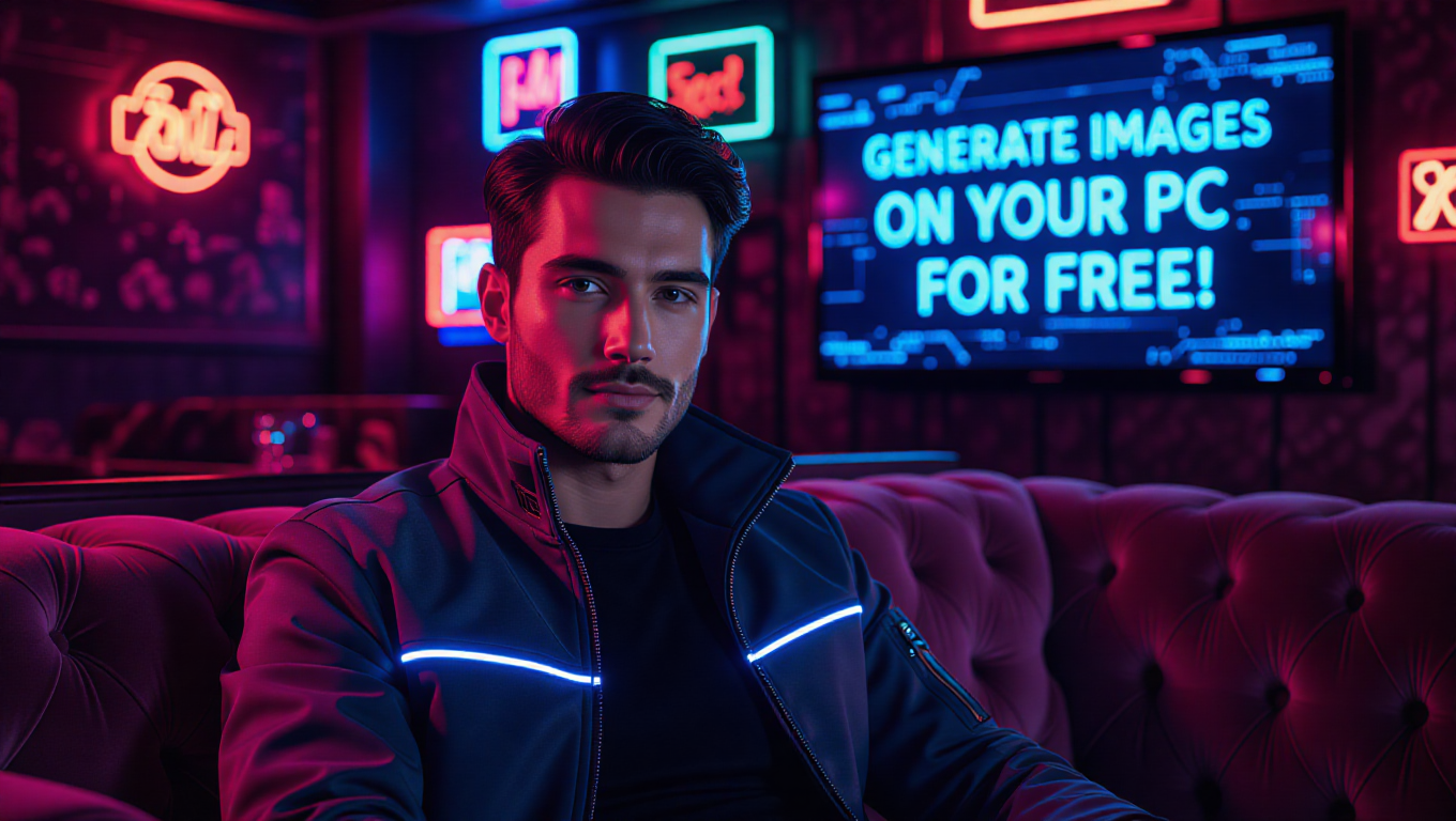 Immagine generata dall'AI di un uomo con una giacca cyberpunk illuminata al neon, seduto su un divano in un club elegante. Una TV alle sue spalle recita: "GENERA IMMAGINI SUL TUO PC GRATUITAMENTE" (Fonte immagine: AI Generated)