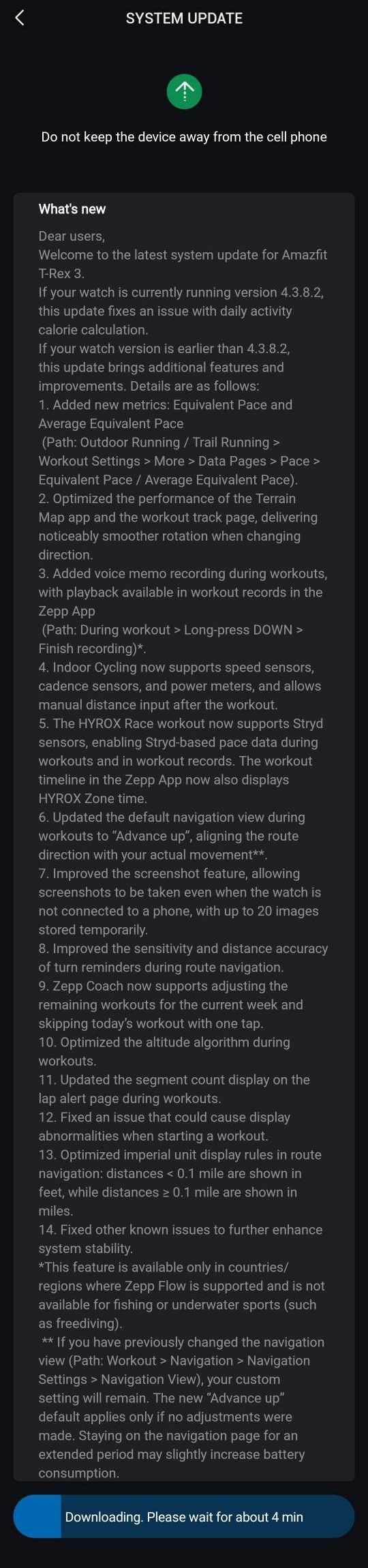 Il registro delle modifiche per la versione software 4.3.8.4 dello smartwatch Amazfit T-Rex 3. (Fonte: Deepesh Kumar via Amazfit T-Rex 3/3 Pro Facebook Group) (Fonte immagine: Deepesh Kumar via Amazfit T-Rex 3/3 Pro Facebook Group)