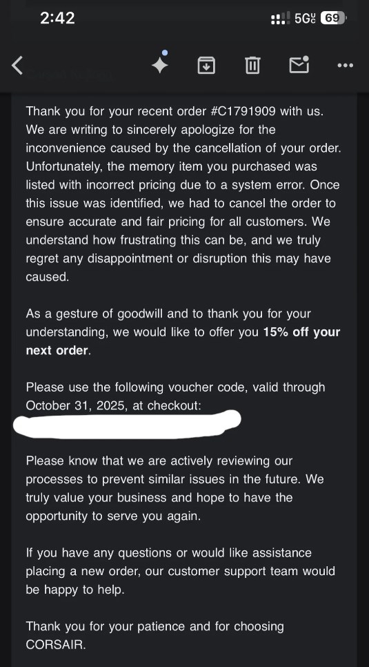 Email inviata ai clienti da Corsair. (Fonte immagine: u/DynaPoint su Reddit)