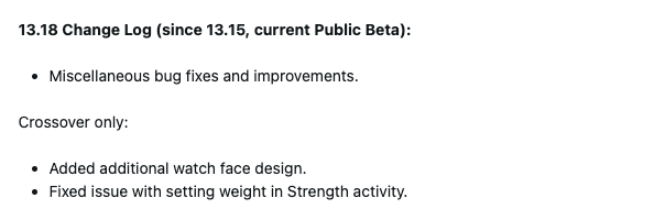 Le note di rilascio della versione beta 13.18 per gli smartwatch Instinct 3, Instinct E e Instinct Crossover. (Fonte immagine: Screenshot del post del forum Garmin)
