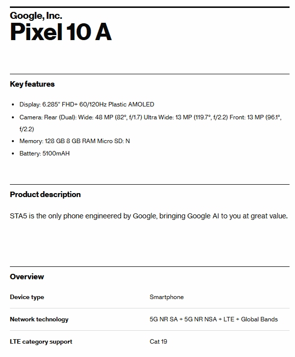 Presunta certificazione di Google Pixel 10a su Verizon (Fonte immagine: Evan Blass)