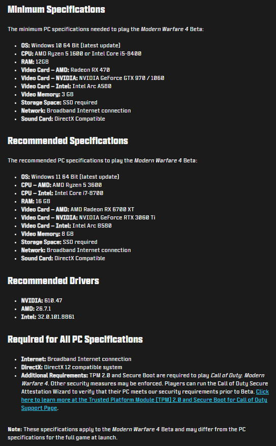 Uno screenshot dei requisiti hardware e software per Call of Duty Modern Warfare 4, come pubblicato da Activision