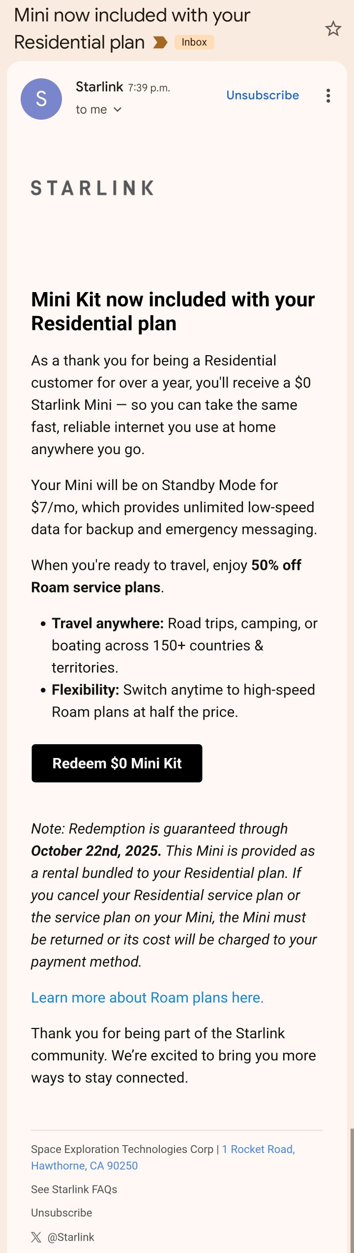 SpaceX sta inviando un'e-mail a sorpresa ad alcuni clienti Residential di lunga data, offrendo loro un Mini Kit gratuito. (Fonte immagine: Mathew Manuel Santos su Facebook)