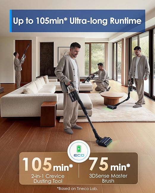 L'aspirapolvere cordless Tineco Pure One A90S offre fino a 105 minuti di autonomia in modalità eco (fonte: Tineco)