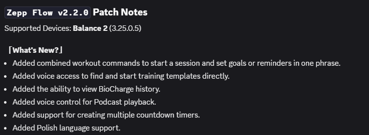 Le note di rilascio per Zepp Flow v2.2.0. (Fonte immagine: Screenshot da Discord)