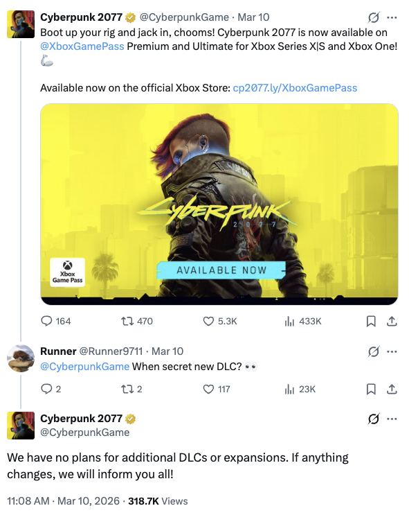La risposta di CD Projekt RED a un commentatore che chiedeva informazioni sui nuovi DLC.
