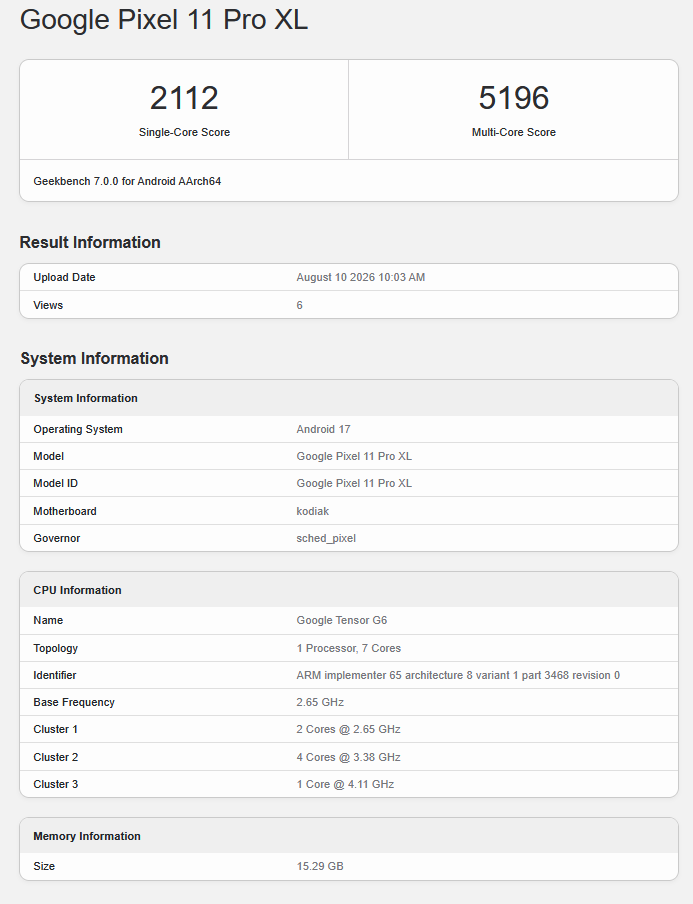 Scheda Geekbench di Google Tensor G6