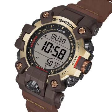 Vista angolare del G-Shock Mudman GW-9500MH-5 che mette in risalto il suo display LCD duplex e la combinazione di colori giallo chiaro e marrone. 