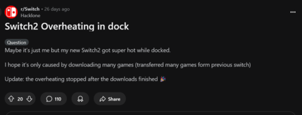 Post Reddit sul surriscaldamento del dock di Switch 2 (Fonte immagine: screenshot, subreddit Switch)