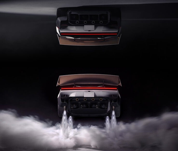 Il modello Tesla Roadster EV Rocket utilizza 10 propulsori a gas freddo per volare nell'aria.