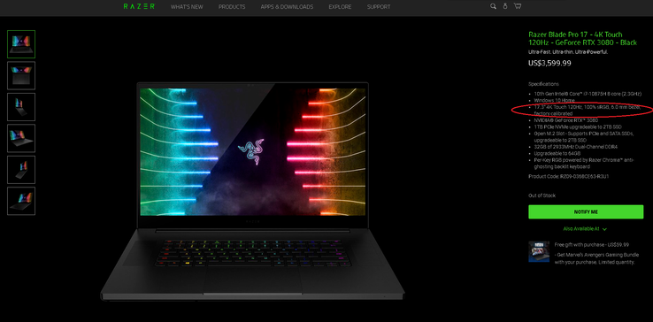 Razer dice che la specifica sulla pagina del prodotto dovrebbe dire "100% AdobeRGB" invece di "100% sRGB" per la configurazione 4K 120 Hz. Questo errore può essere corretto in una data successiva