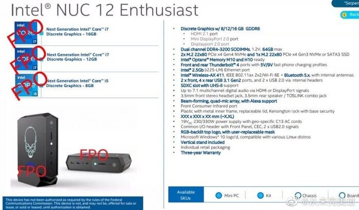 Voci sulle specifiche dell'Intel NUC 12 Enthusiast. (Fonte: FanlessTech)