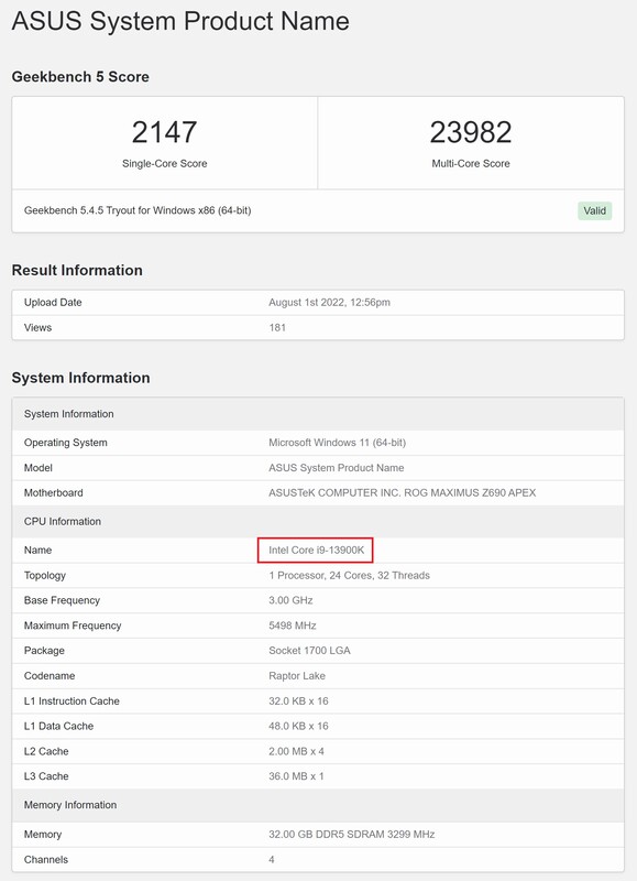 Intel Core i9-13900K. (Fonte: Geekbench)