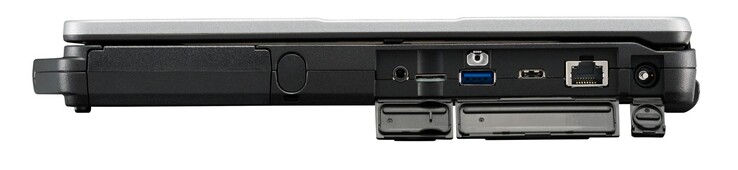 A destra: Stylus, 3.5 mm combo audio, USB 3.1 Gen. 1 Type-A, USB 3.1 Type-C, Gigabit RJ-45, alimentazione