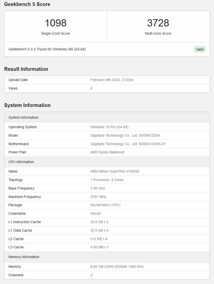 AMD Athlon Gold PRO 4150GE su Geekbench (immagine via Geekbench)