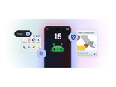 Un'immagine promozionale di Android 15 di Google che mostra alcune delle sue caratteristiche principali su uno sfondo sfumato. (Fonte immagine: Google)