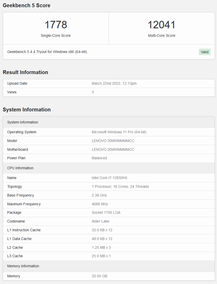 Punteggio Geekbench Intel Core i7-12850HX (immagine via Geekbench)