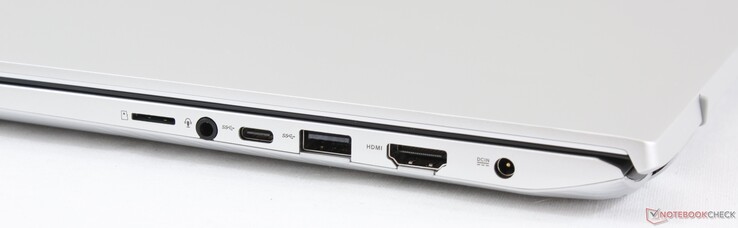 Lato destro: Lettore MicroSD, 3.5 mm combo, USB Type-C Gen. 1, USB 3.0, HDMI, alimentatore AC