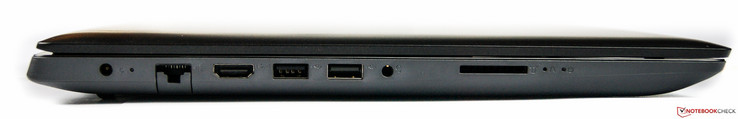 A sinistra: alimentatore, porta Ethernet, uscita HDMI, 2 x USB Type-A (1 x USB 3.0, 1 x USB 2.0), jack audio combinato, lettore di schede SD.