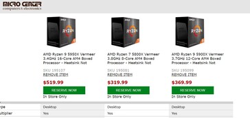 Prezzi attuali delle CPU Zen 3 AMD Ryzen su Micro Center. (Fonte: Micro Center)