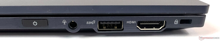 Connessioni sulla destra: 1x jack da 3,5 mm (Mic-In / Audio-Out combinato), 1x USB 3.2 Gen-2 (10GBit/s), 1x HDMI 2.0b, 1x Kensington