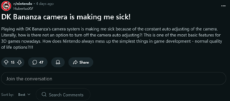 Il post #2 di Reddit sulla cinetosi di Donkey Kong Bananza (Fonte: screenshot, subreddit Nintendo)