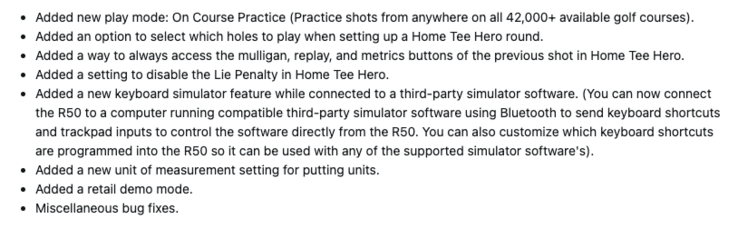 Il registro delle modifiche per il software di sistema 8.40 per Garmin Approach R50 (fonte immagine: screenshot dal forum Garmin)