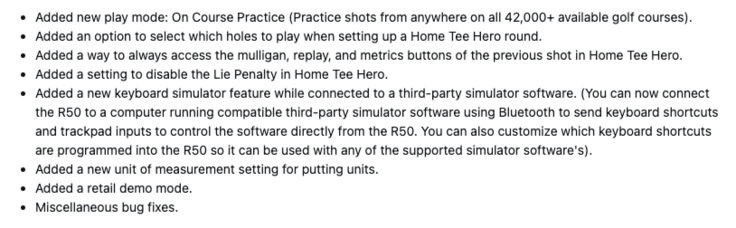 Il registro delle modifiche per il software di sistema 8.40 per Garmin Approach R50 (fonte immagine: screenshot dal forum Garmin)
