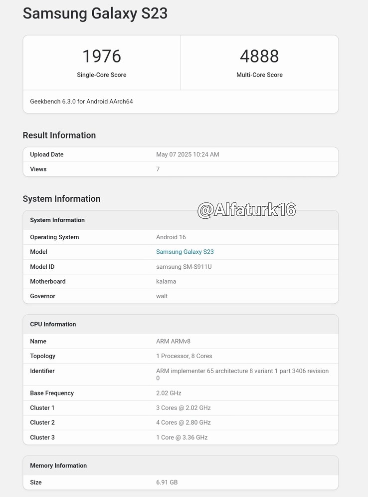 Un "Galaxy S23" sembra eseguire Android 16 su Geekbench. (Fonte: Geekbench via @Alfaturk16 su X)