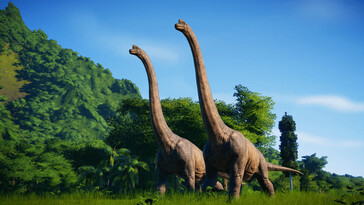Un'immagine che mostra due Brachiosauri in Jurassic World Evolution.