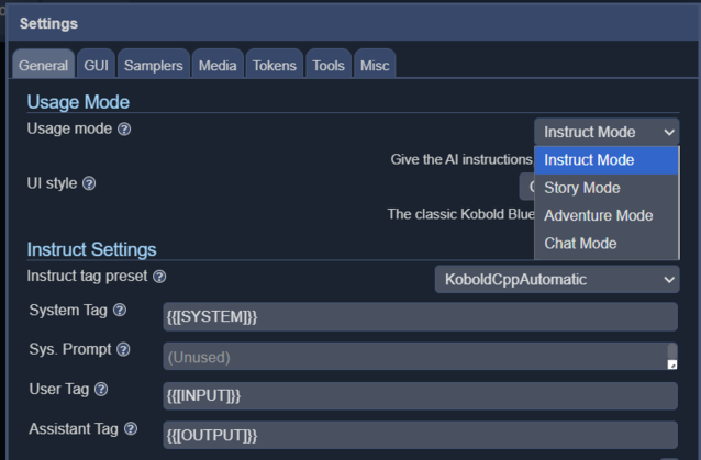 L'istruzione è utilizzata per dare istruzioni all'LLM, la chat è simile a un chatbot, la storia è buona per la scrittura in stile romanzo e l'avventura è migliore per la narrativa interattiva in stile RPG.