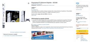 La PS5 Digital Edition con 825 GB è disponibile su Amazon Italia. (Fonte immagine: Amazon)
