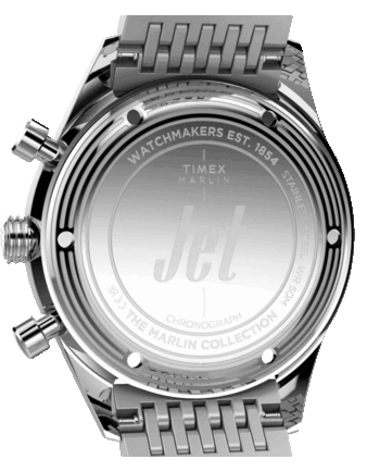 Vista posteriore del cronografo Timex Marlin Jet che mostra il fondello in acciaio inossidabile, i dettagli a cerchi concentrici, le incisioni e il logo Jet.
