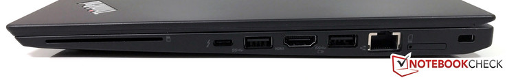 Lato Destro: lettore SmartCard, USB-C Gen.2 (TB 3), USB 3.0, HDMI 1.4b, USB 3.0 (always-on), Gigabit-Ethernet, slot SIM, Kensington Lock