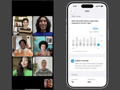 Immagine stock di una chiamata FaceTime (a sinistra) e impostazioni di salute della batteria di iOS (a destra).