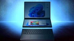 Quando è illuminato, il portatile a doppio display presentato da Asus sembra un&#039;alternativa al Lenovo Yoga Book 9i. (Immagine: Asus, a cura)