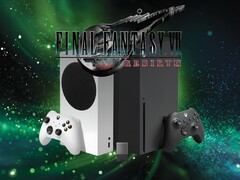Il logo di Final Fantasy 7 Rebirth sopra le console Xbox e lo storage