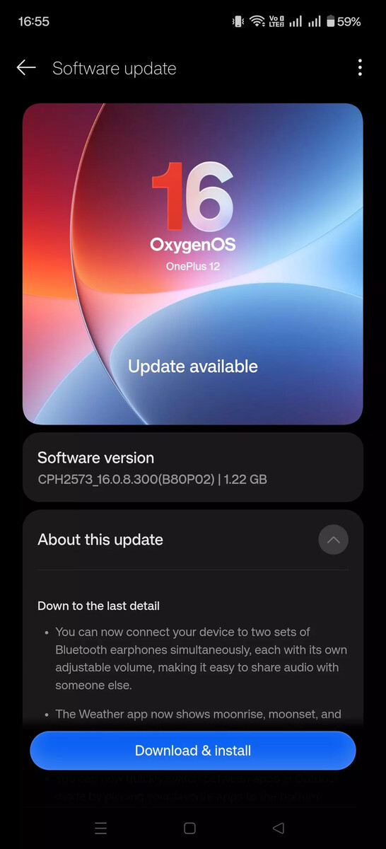 Schermata dell'aggiornamento software di OnePlus 12 che mostra l'aggiornamento a OxygenOS 16.0.8.300, evidenziando il nuovo supporto per l'audio Bluetooth doppio e altre funzionalità aggiuntive.