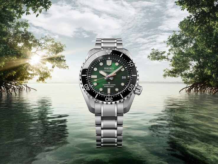 Seiko Marinemaster HBF003J1 con bracciale in acciaio inossidabile, raffigurato sullo sfondo di un paesaggio tropicale di mangrovie con vegetazione verde, acqua calma e luce del sole.