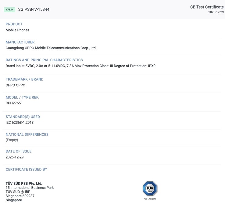 Certificazione TÜV SÜD dell'Oppo Find N6. (Fonte: TÜV SÜD)