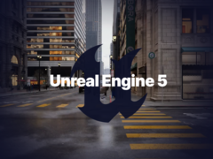 Il logo di Unreal Engine 5 con un ambiente renderizzato sullo sfondo (fonte immagine: Epic)