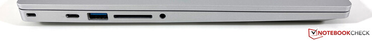 A sinistra: Kensington Lock, USB-C 3.2 gen. 2 (10 Gb/s, DisplayPort modalità ALT 1.4, Power Delivery), USB-A 3.2 gen. (5 Gb/s), lettore di schede, audio da 3,5 mm