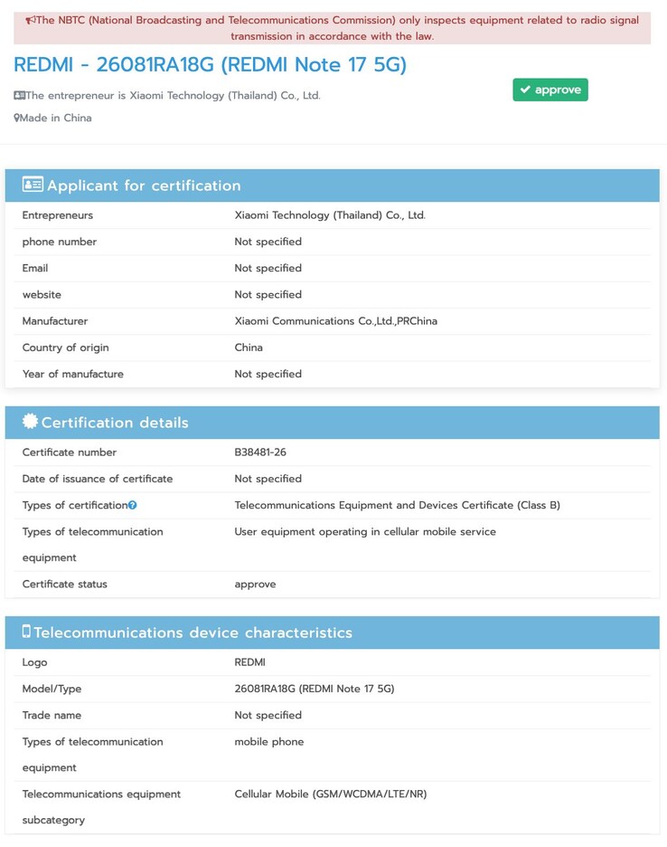 Certificazione NBTC del Redmi Note 17 Pro Max.