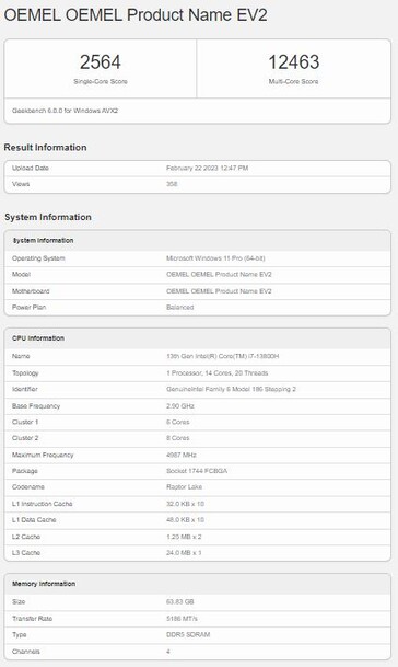 Il presunto Surface Laptop Studio 2 con Core i7-13800H e 64 GB di RAM. (Fonte: Geekbench)