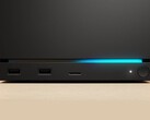 Vista frontale della Valve Steam Machine con doppie porte USB, una porta USB-C, un LED di alimentazione, un pulsante di accensione rotondo e una striscia LED blu. (Fonte: Valve)
