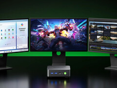 Il mini PC NucBox K17 parte da 544,99 dollari con il codice sconto speciale. Nella foto: il mini PC collegato a tre display.