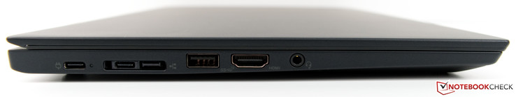 Lato sinistro: 2x USB Type-C 3.1 (Gen.2 w/ DisplayPort), Mini-Ethernet/Docking, USB Type-A 3.1 (Gen.2), HDMI 2.0, jack stereo da 3,5 mm.