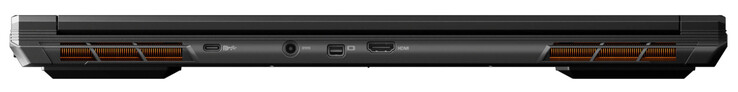 Retro: USB 3.2 Gen 2 (USB-C; DisplayPort), connessione di alimentazione, Mini DisplayPort 1.4a, HDMI 1.4