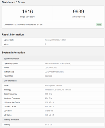 AMD Ryzen 9 6900HX su Geekbench (immagine via Geekbench)